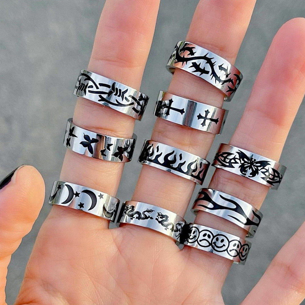 Titanium Steel Punk Rock Flame Cross Ring