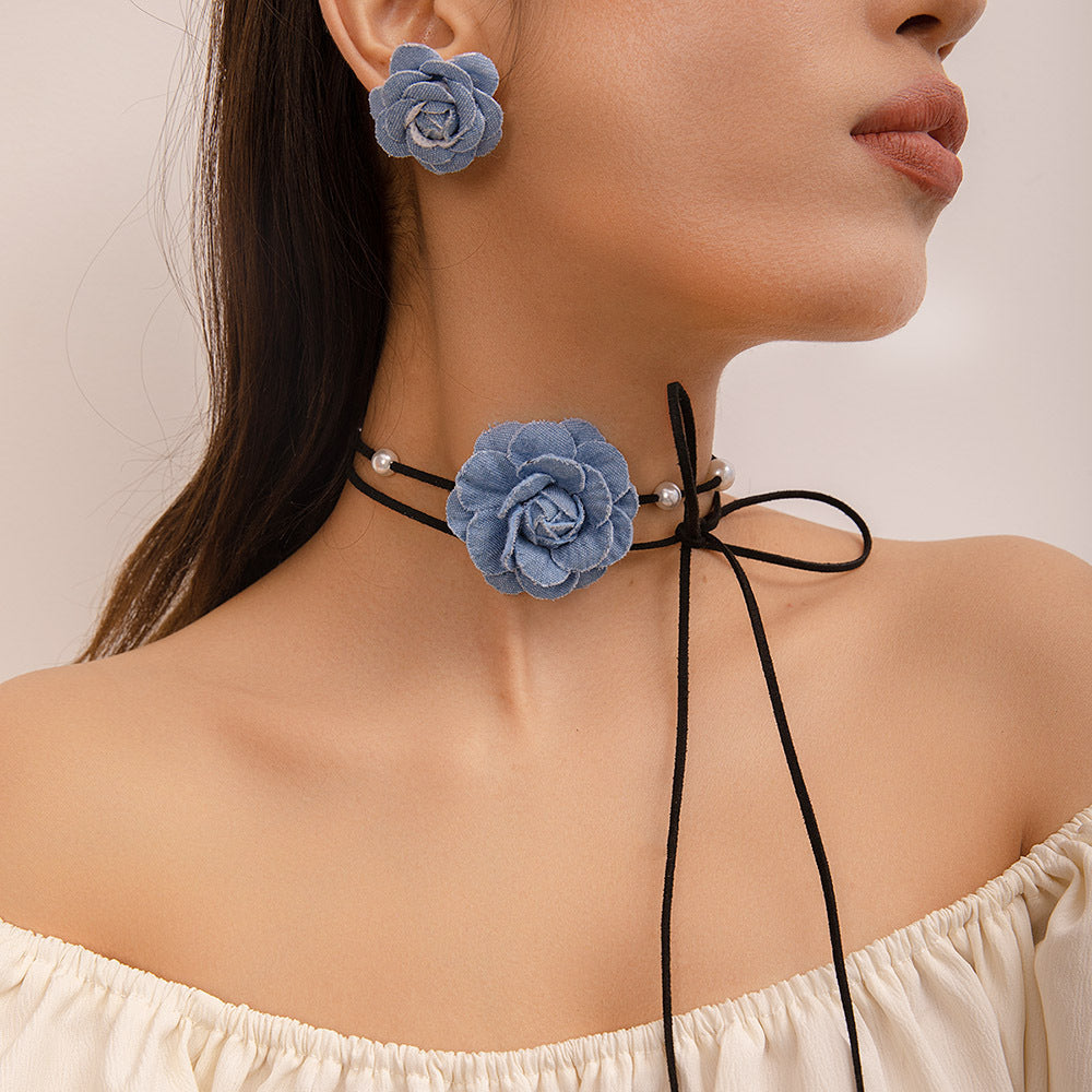 Women's Denim Camellia Beaded Suite French Minority Necklace