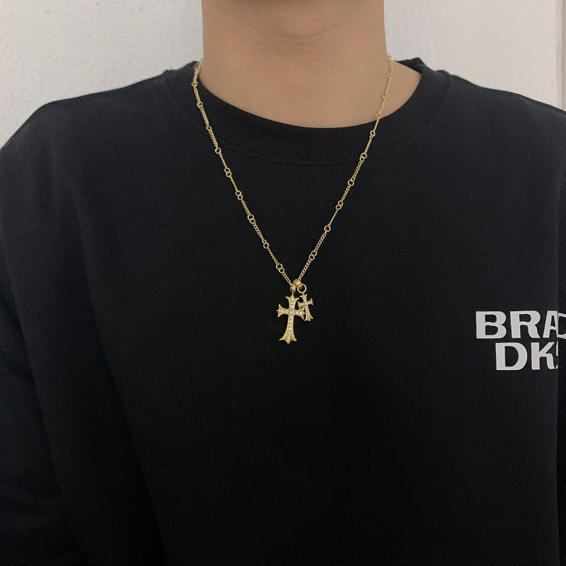 Double Cross Gold Full Diamond Vintage Bamboo Necklaces