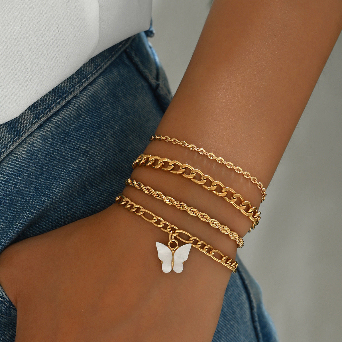 Punk Diamond Butterfly Twin Chain Hip Bracelet