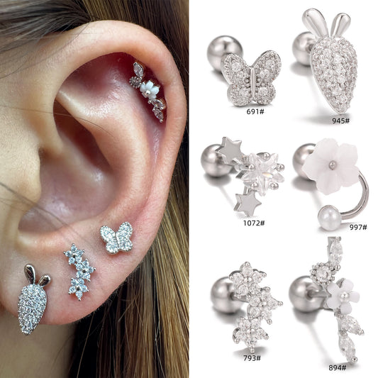Mori Style Fresh Zircon Flower Ear Bone Stainless Steel Fine Stud Earrings