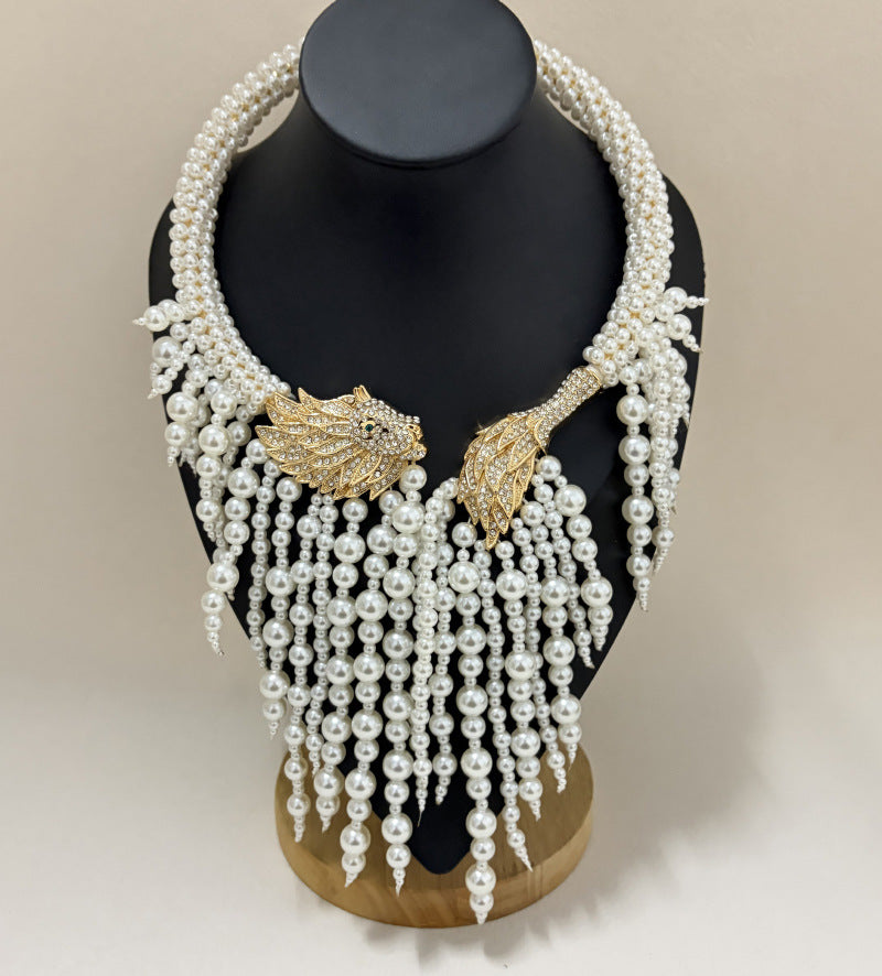 Women's Hand-woven Pearl Tassel Embossed Rhinestone Lion's Head Style Collar