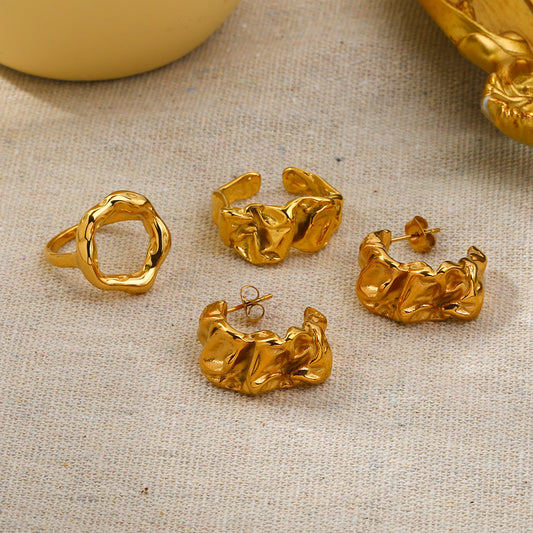 Women's Fashion Gold Stainless Steel Lava Texture Rings