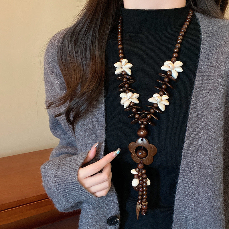 Women's Shell Retro Ethnic Design Long Sweater Necklace