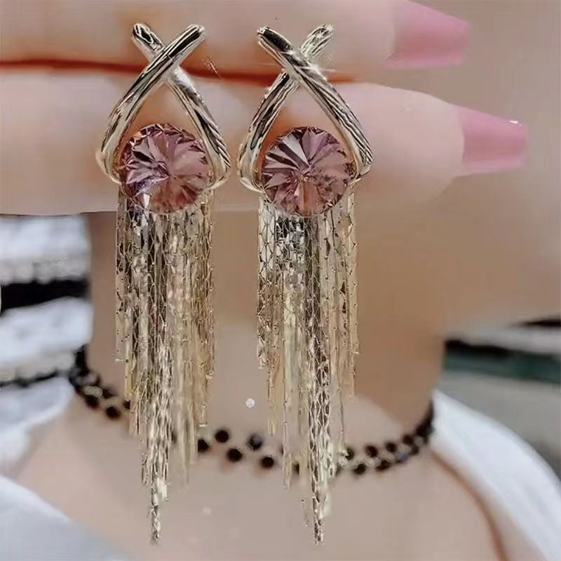 Diamond Tassel Female Temperamental Long Eardrops Earrings