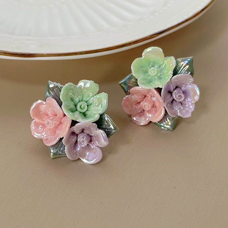 Ceramic Colorful Rose Fresh Mori Style Earrings