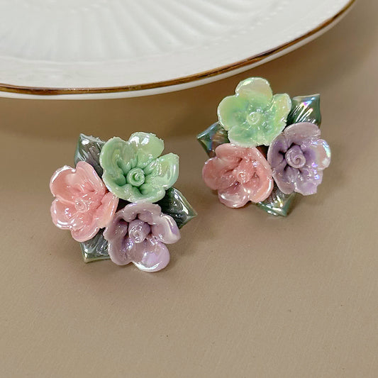 Ceramic Colorful Rose Fresh Mori Style Earrings