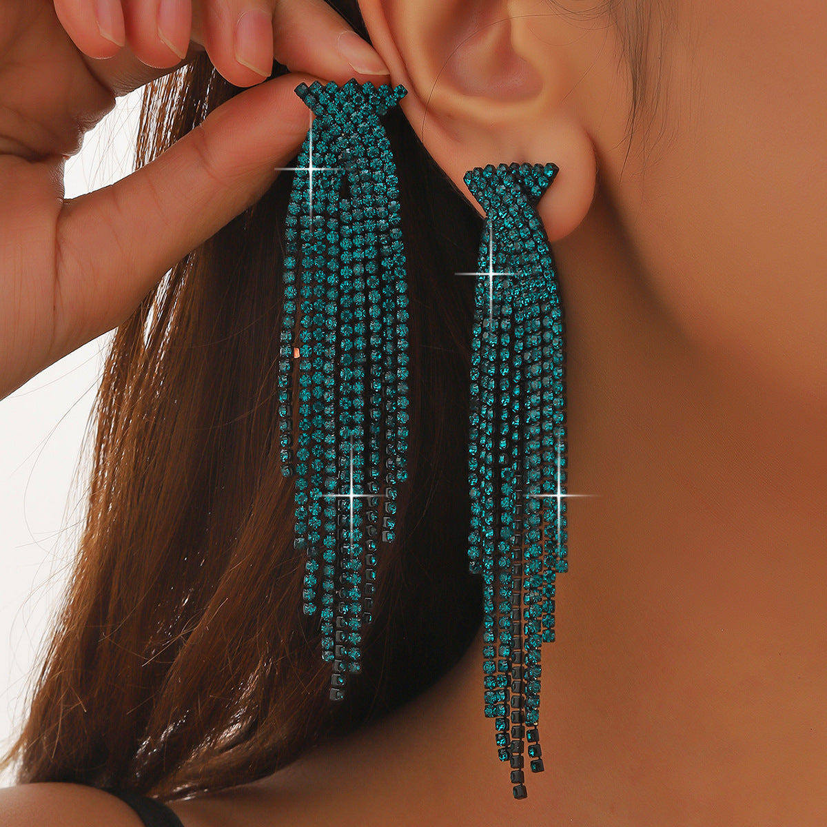 Semicircle Blue Tassel Rhinestone Long Ear Earrings