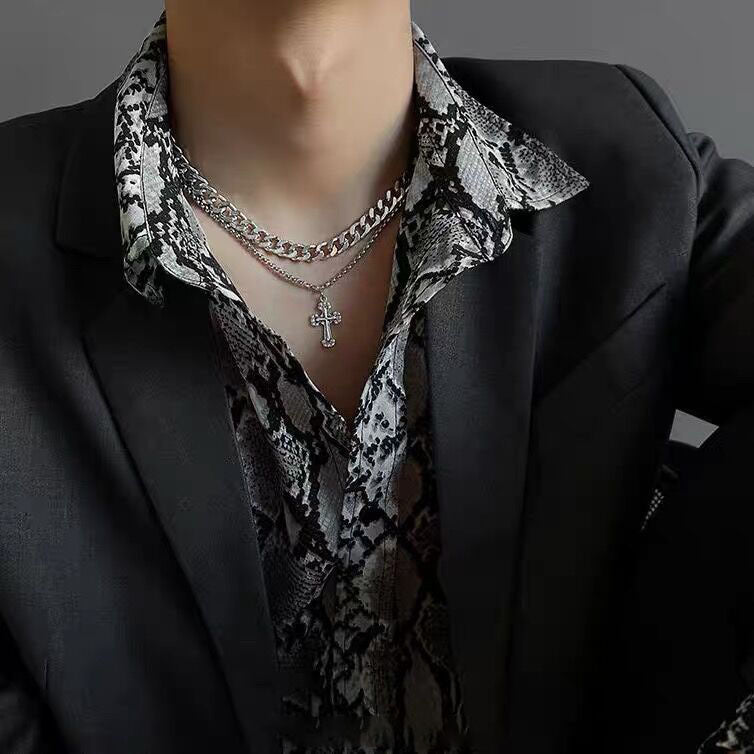 Men's Cross Design Double Layer Twin Cuban Necklace