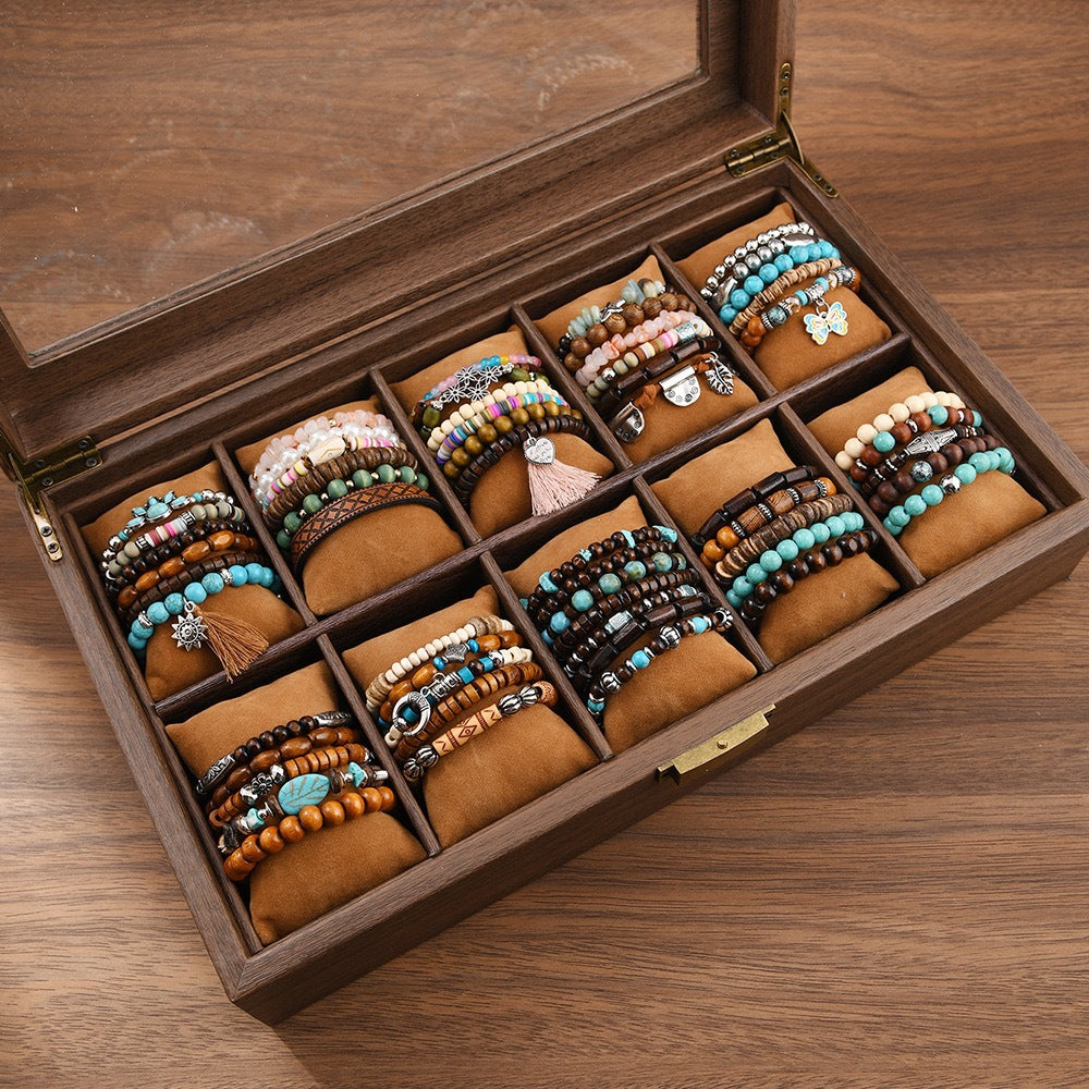 Wooden Bead Leather Rope Twin Ethnic Bracelet