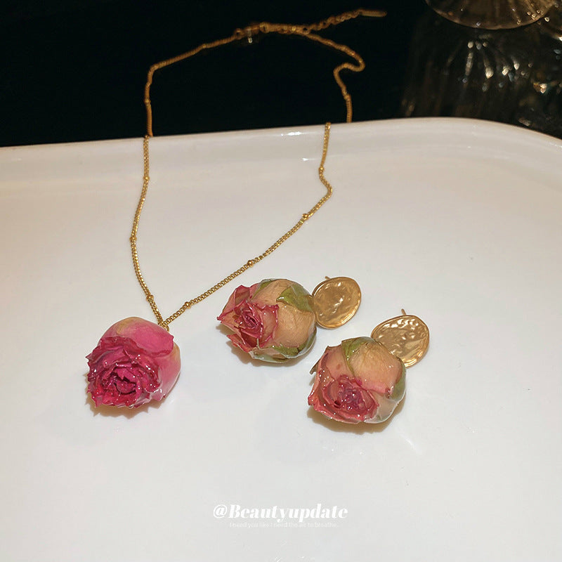 Women's Steel Dried Rose Real Flower Ear Suit Princess Style Clavicle Jewelry Set