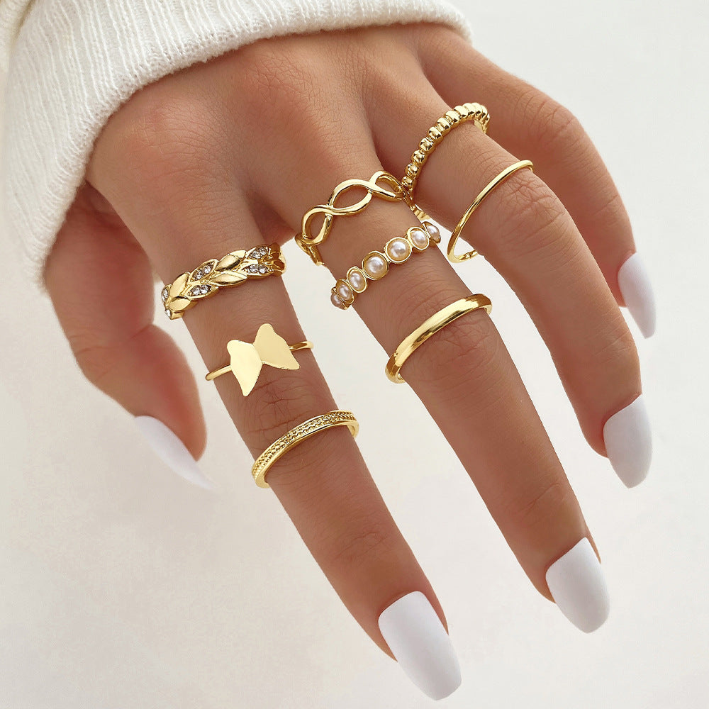 Diamond Eye Cross Leaf Set Pearl Rings