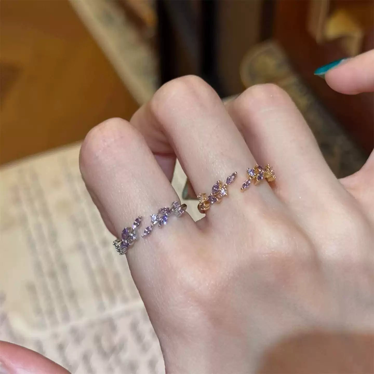 Burst Purple Branches Leaves Zircon Female Retro Atmosphere Light Luxury Rings
