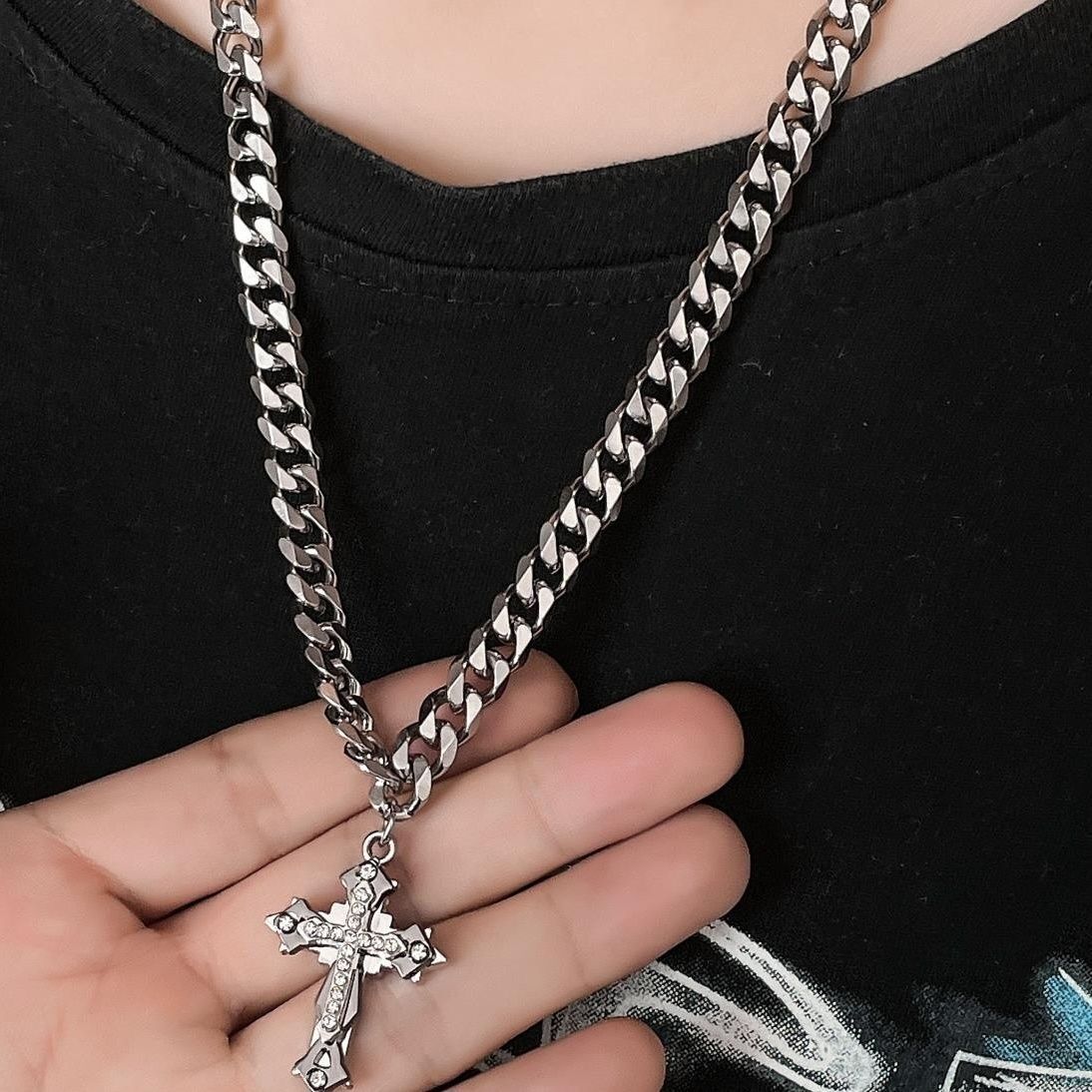 Men's Cuban Link Chain Cross Trendy Hip Necklace