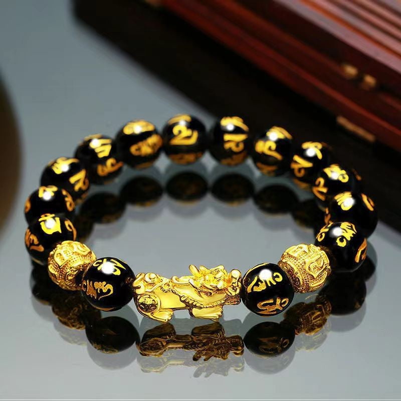 Men's Obsidian Alluvial Gold Pi Money Beads Buddha High Sense Bracelet