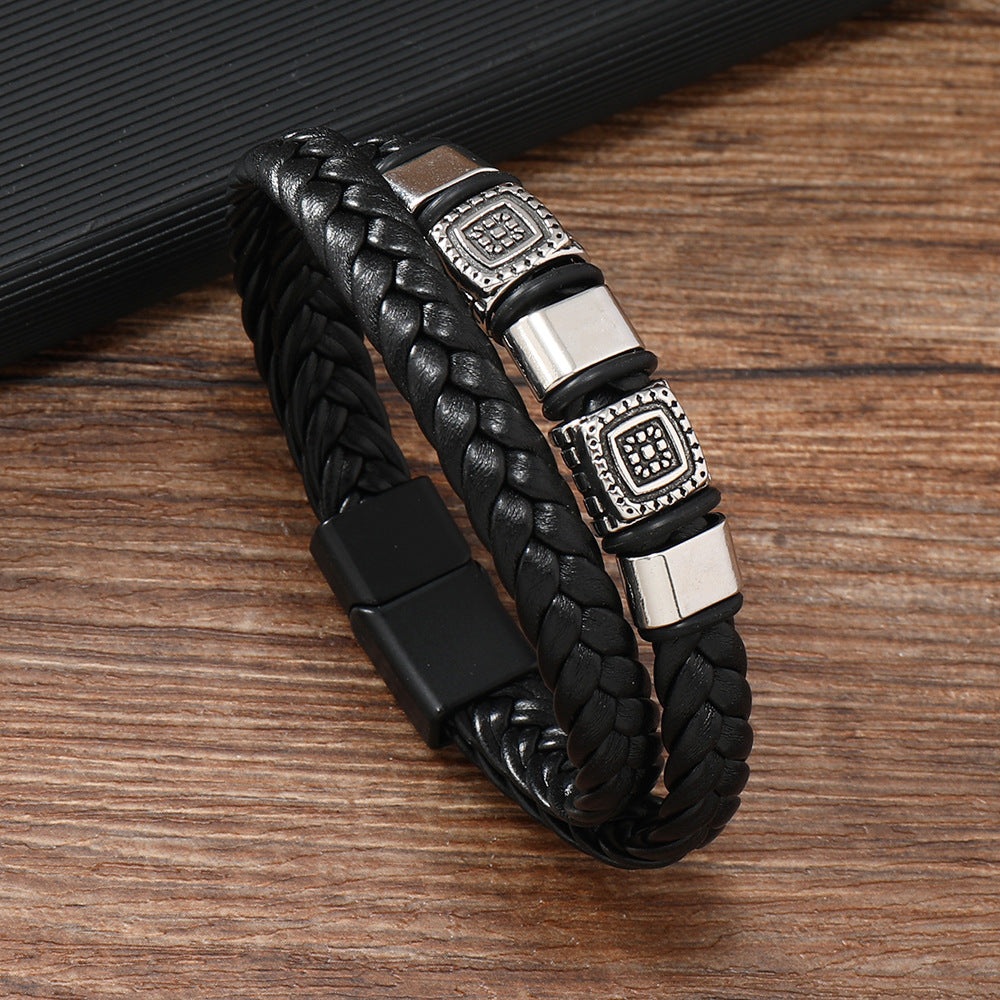 Personality Geometry Square Pattern Leather Magnetic Buckle Alloy Bracelet