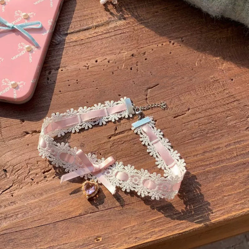 Sweet Peach Lace Love Heart Bow Tie Collar