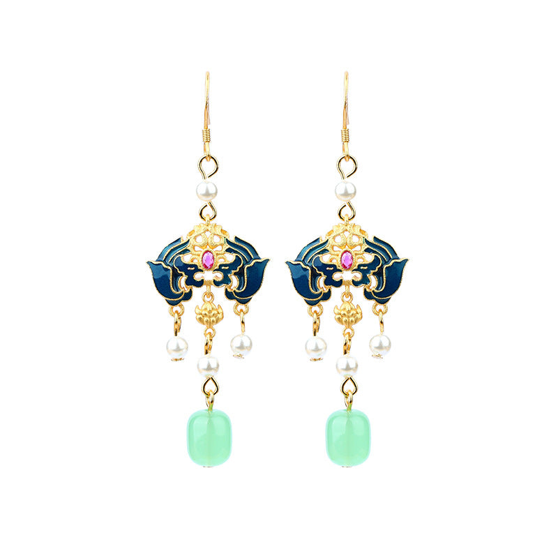 Chinese Style Antique Cloisonne Burnt Blue Lucky Life Imitation Earrings