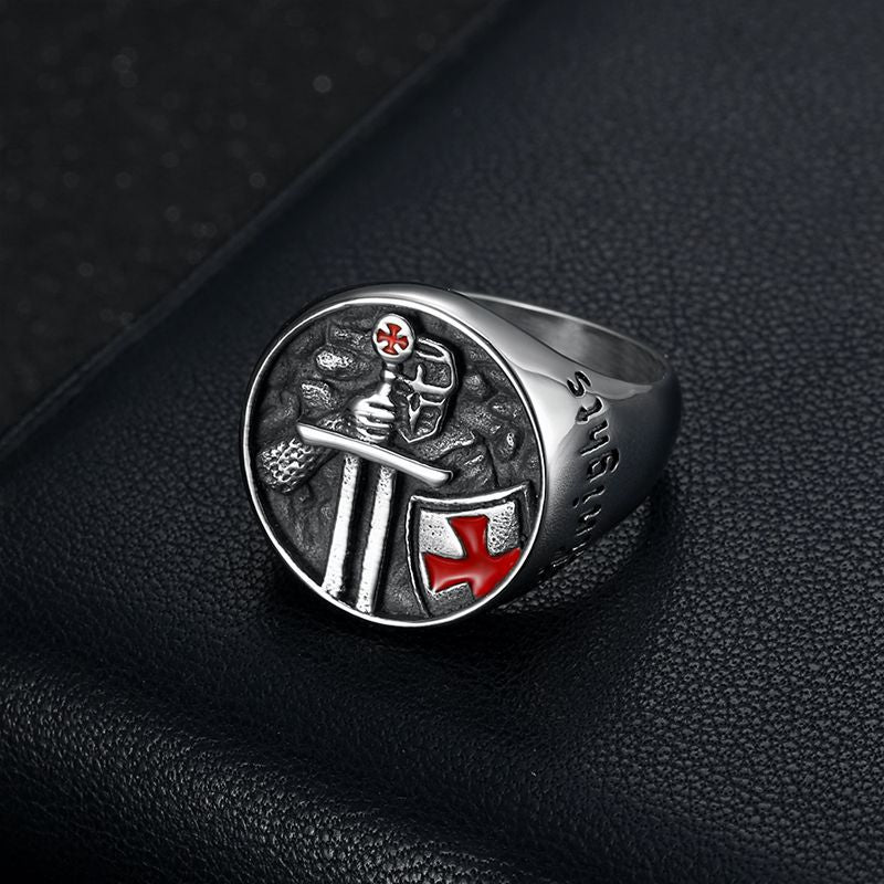 Men's Steel Templar Samurai Inscription Red Epoxy Ring