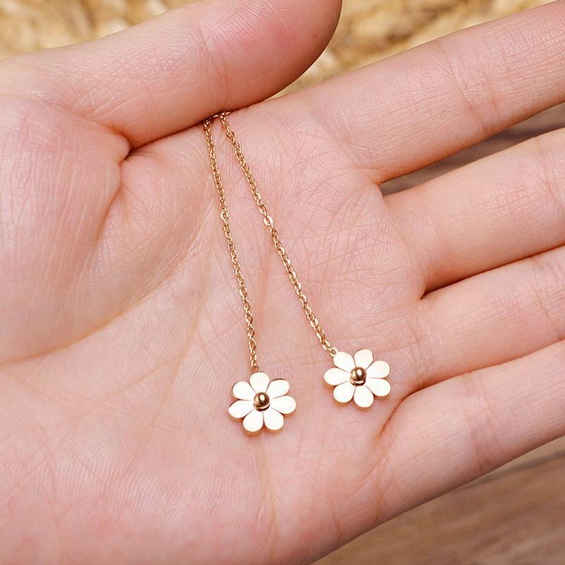 Steel Little Daisy Flower Tassel Hanging Rose Gold Earrings