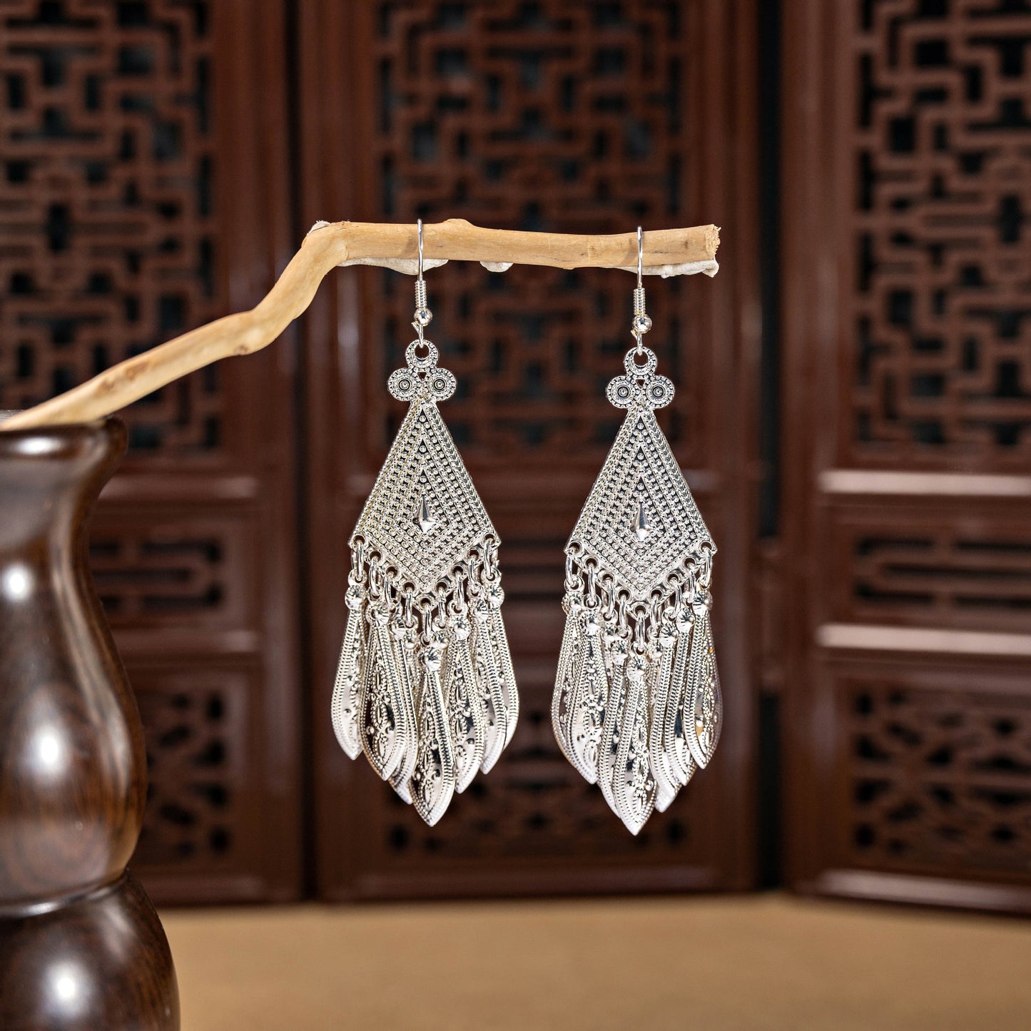 Miao Sier Ethnic Style Peacock Bell Tassel Hollow Leaves Cute Rings