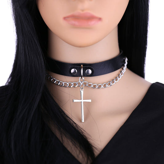Leather Chain Cross Clavicle Classic Neckband Collar