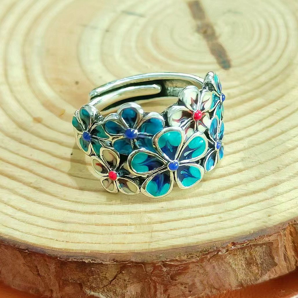 Enamel Brocade Female Elegant Retro Ethnic Style Open Adjustable Creative Rings