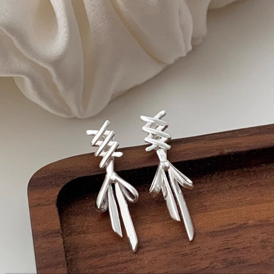 Women's Sier Needle White Ribbon Bow Cold Earrings