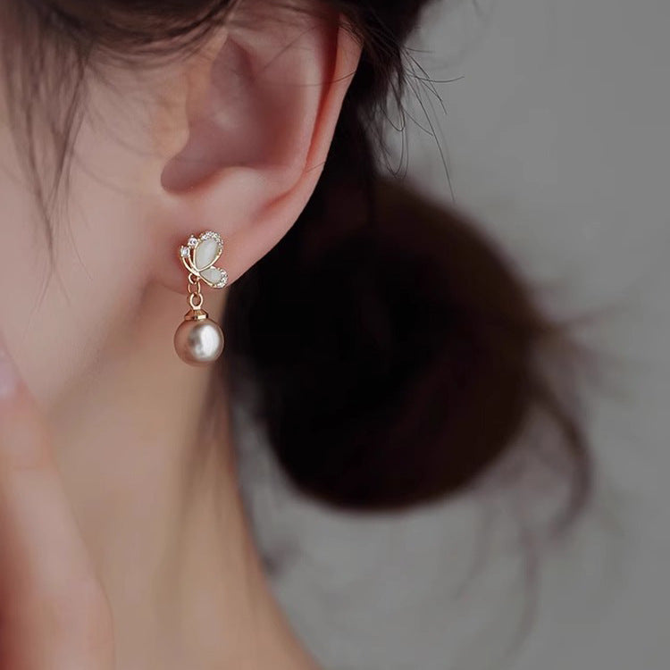 Women's Light Luxury Butterfly Champagne Pearl Summer Earrings