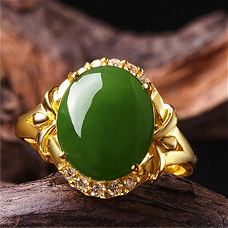 Ethnic Style Gold Plated Inlaid Imitation Jade With Green Chalcedony Rings