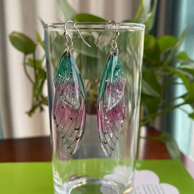Women's Sier Cicada Wings Ear Hook Butterfly Temperamental Fairy Long Eardrop Earrings