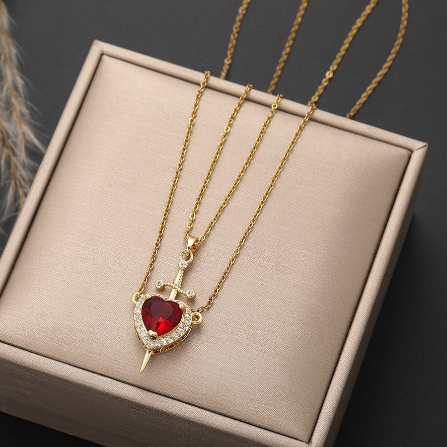 Titanium Steel Sword Red Love Two-piece Micro Inlaid Zircon One Necklace