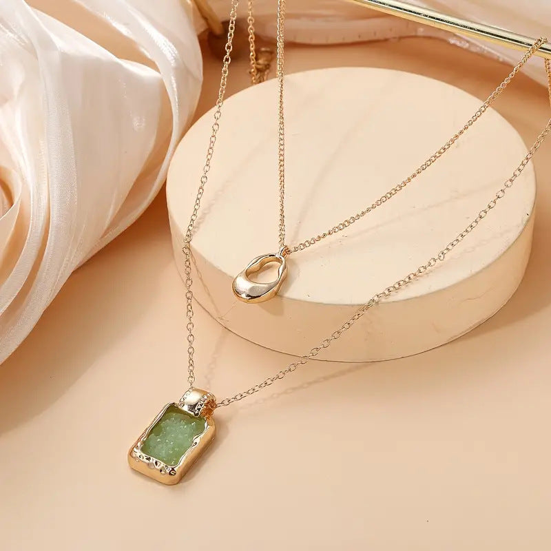Square Color Resin Lady Twin Double Necklace