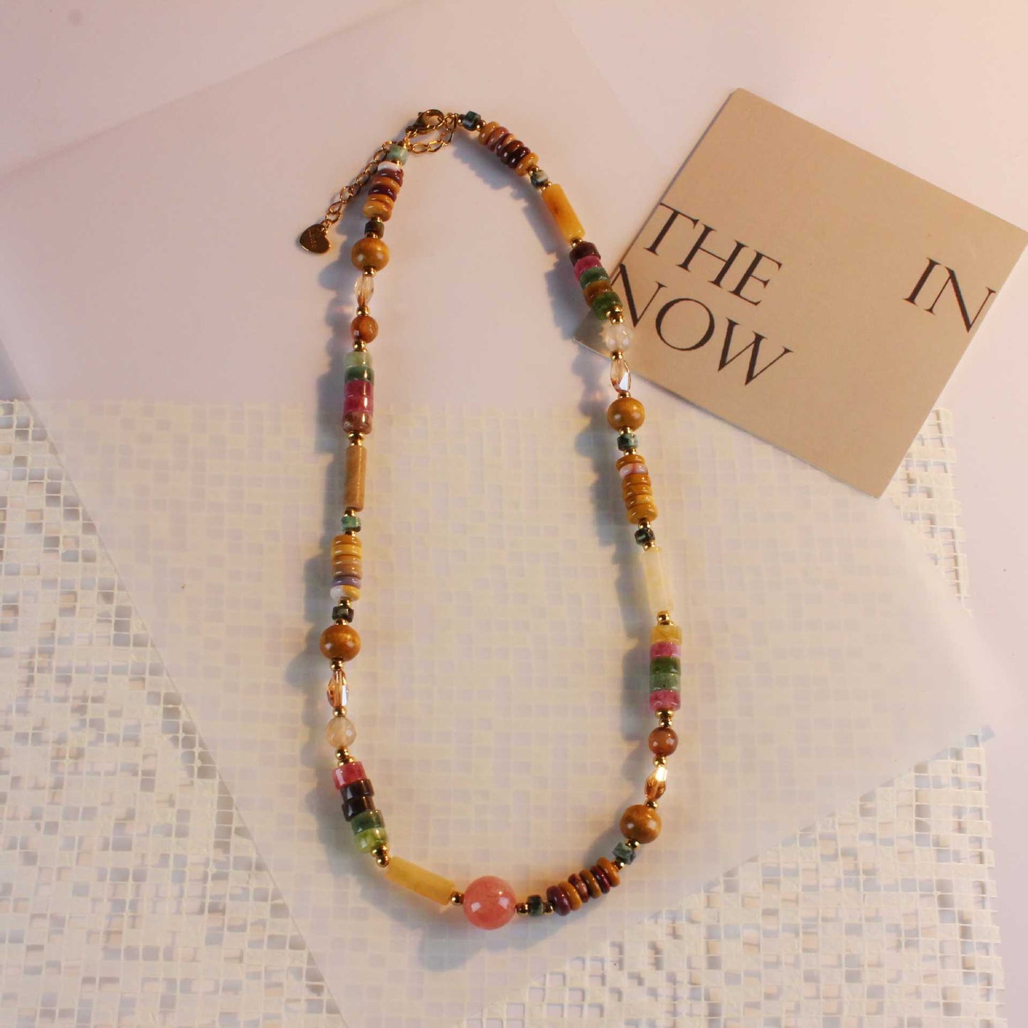 Beaded Weave Fashionable Tourmaline Pink Beads Artistic Sweater Necklace
