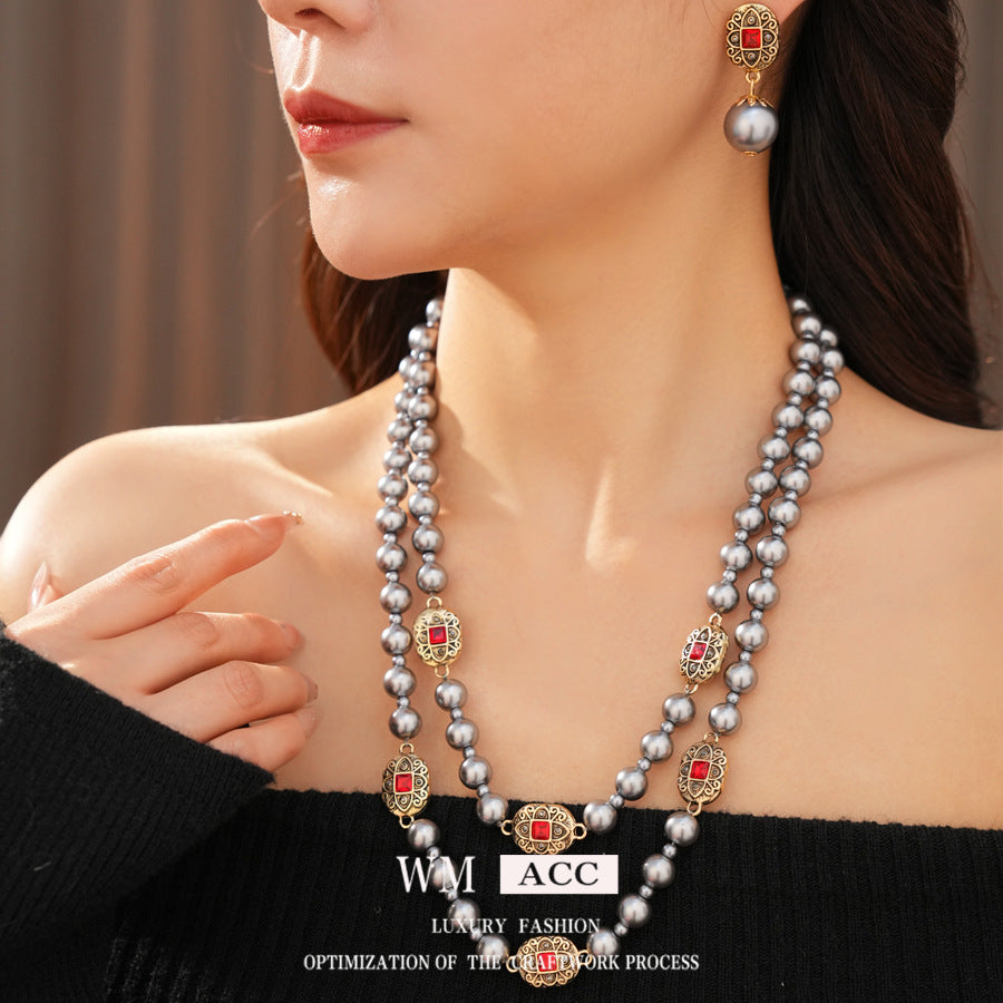 Oval Pearl Vintage Sweater Chain Light Luxury Jewelry Set