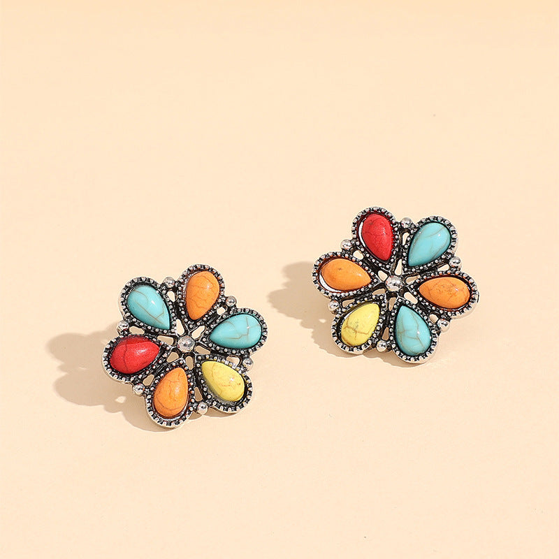 Women's Retro Bohemian Flower Colorful Turquoise Ear Hollow Sunflower Rings