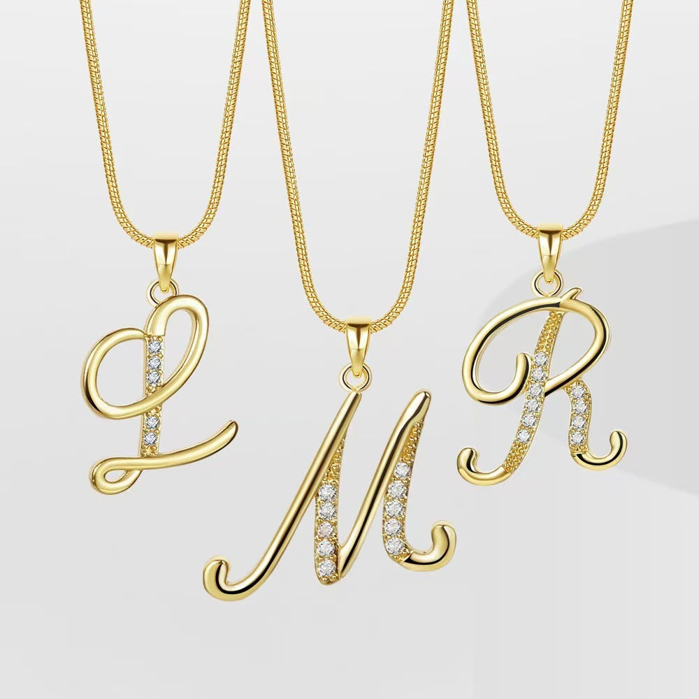 Letter Copper Inlaid Zircon Round Snake Bones Necklaces
