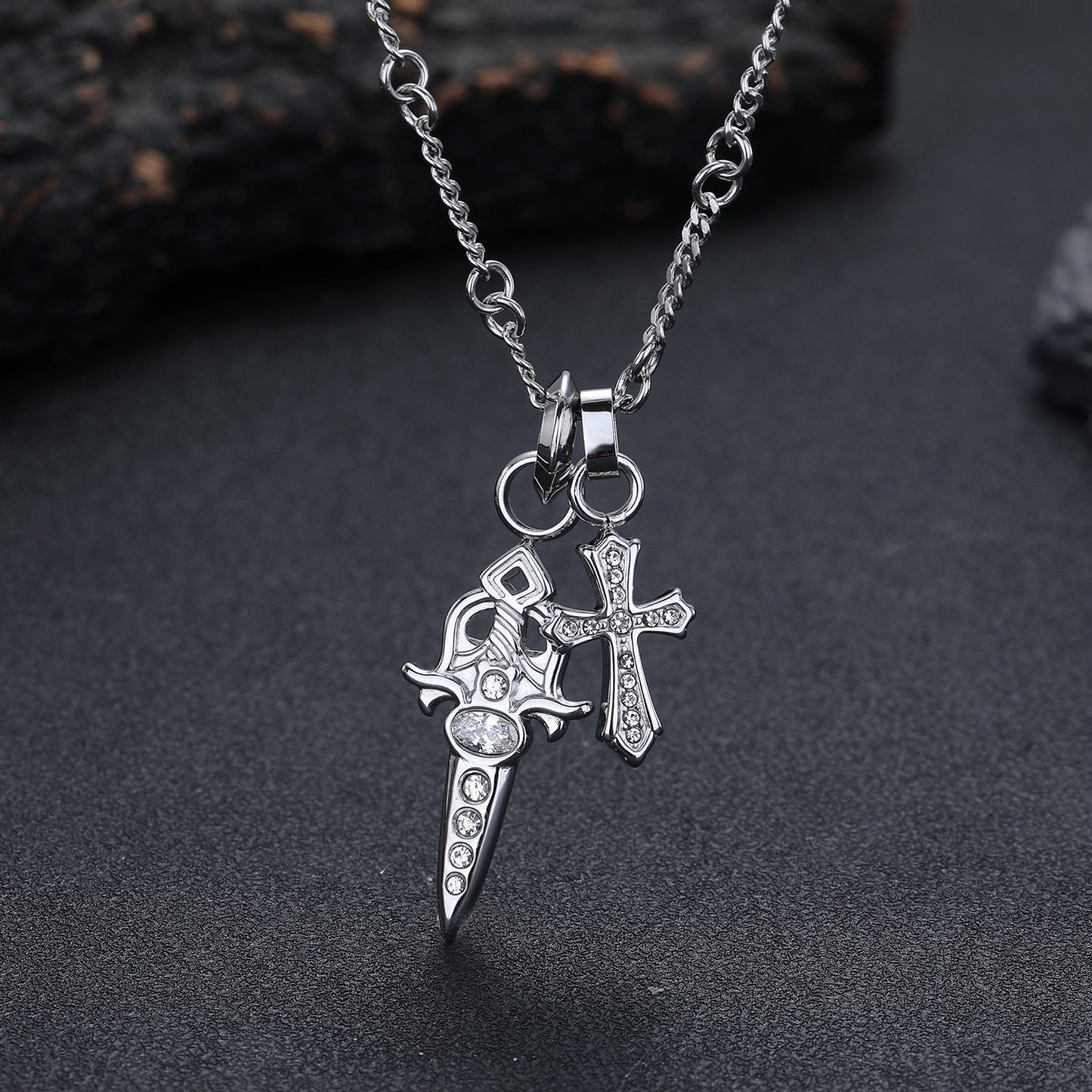 Women's & Men's Titanium Steel No Fading Diamond Sword Cross Necklace