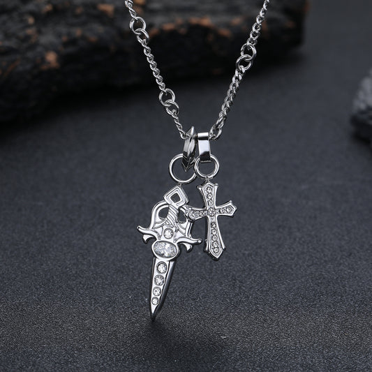 Women's & Men's Titanium Steel No Fading Diamond Sword Cross Necklace