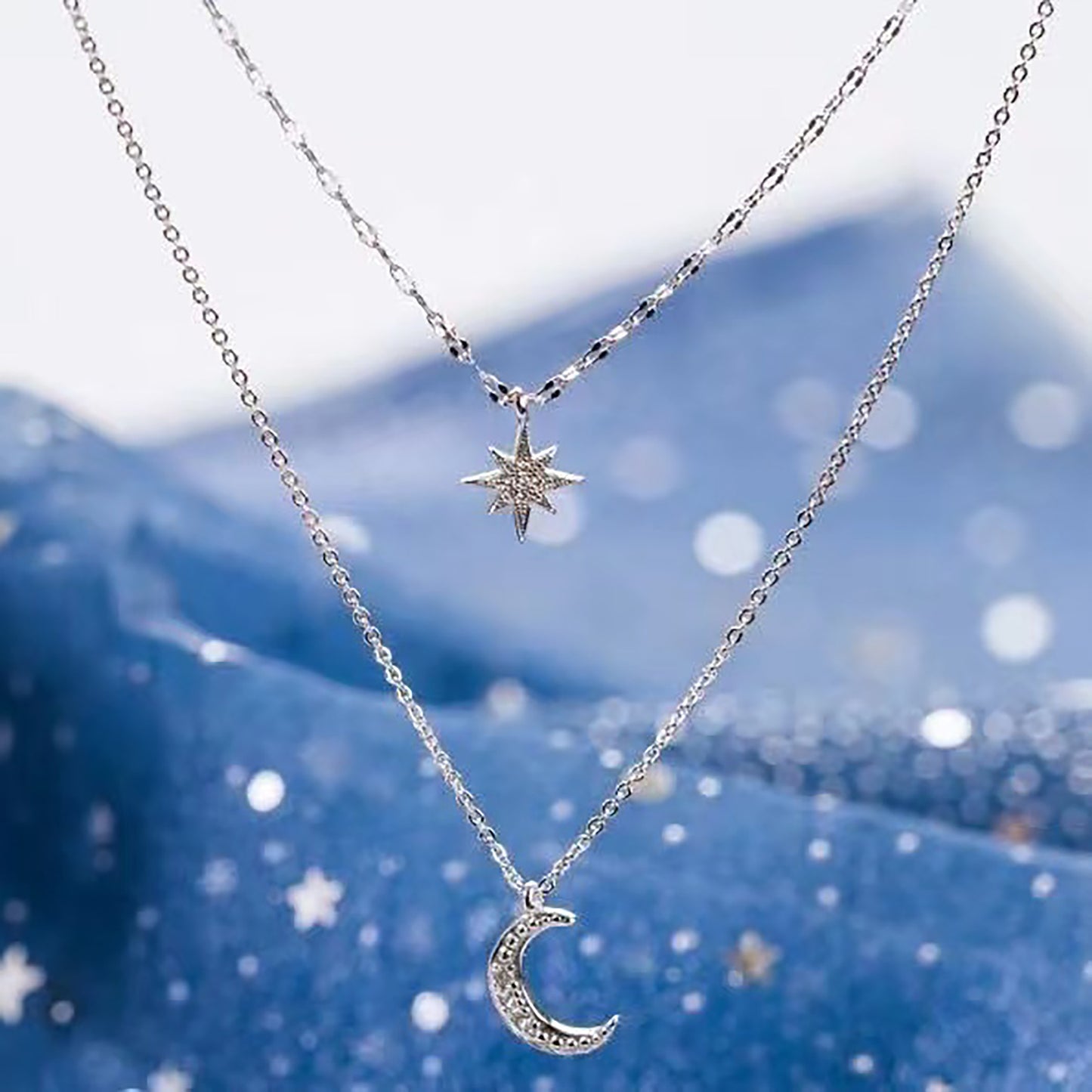 Style Sier Rhinestone Asterism Moon Niche Female Clavicle Chain Design Necklaces