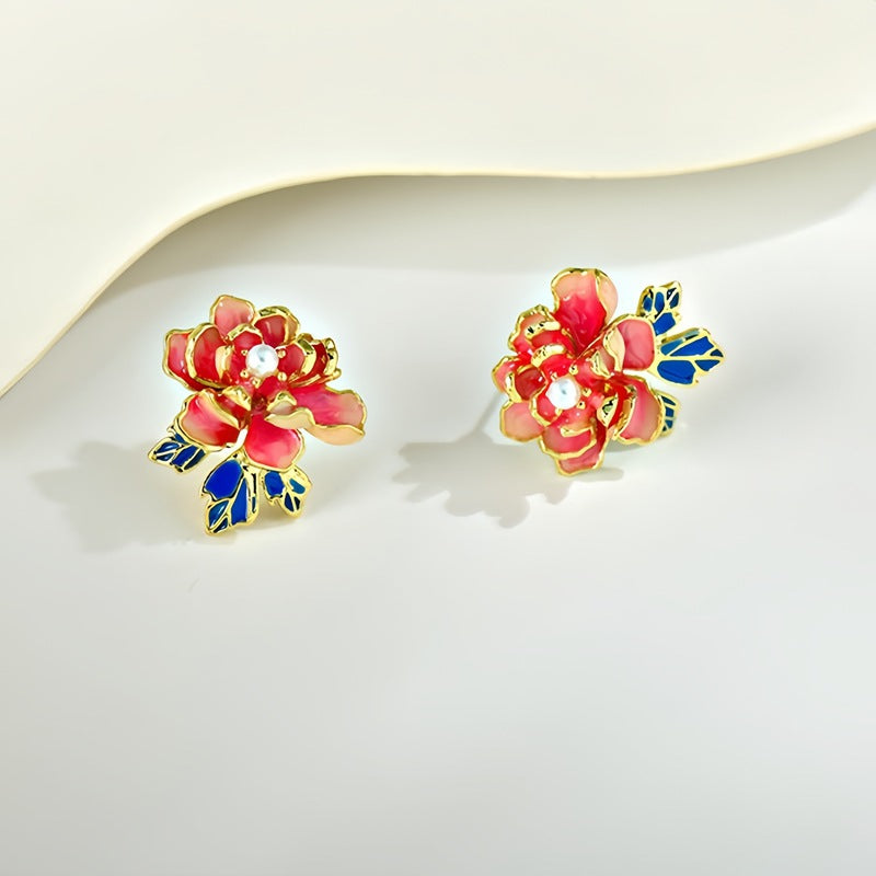 Peony Flower Light Luxury High Sense Glaze Earrings