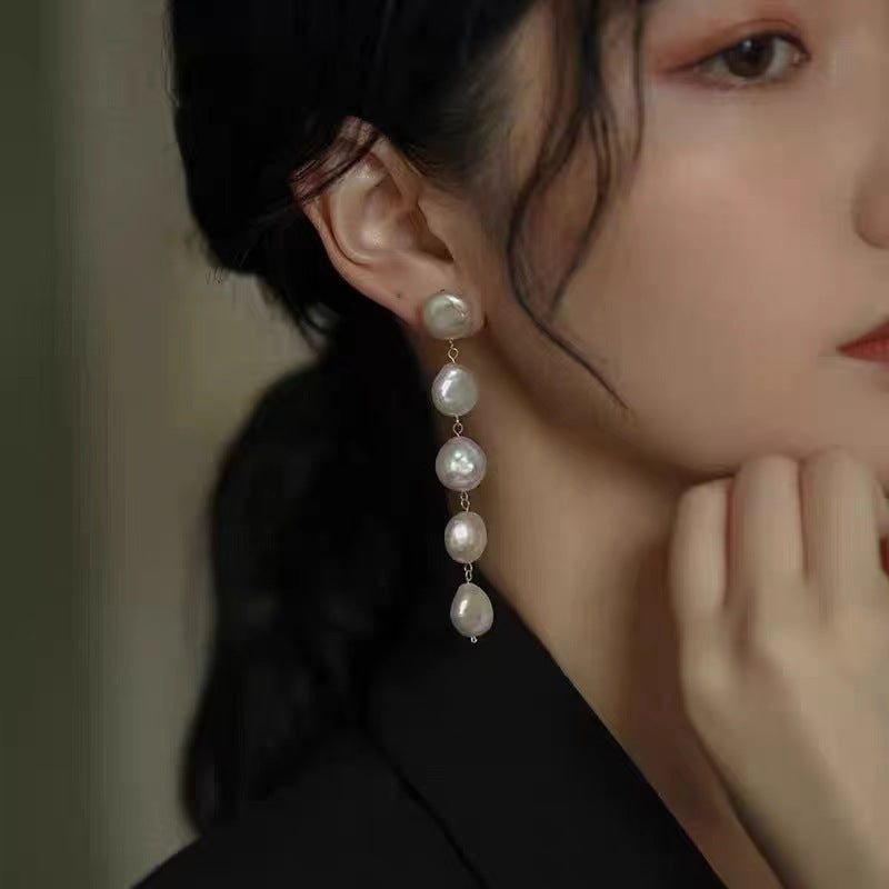 Chinese Temperament Fashion Baroque Pearl Female Long Fringe High Sense Earrings