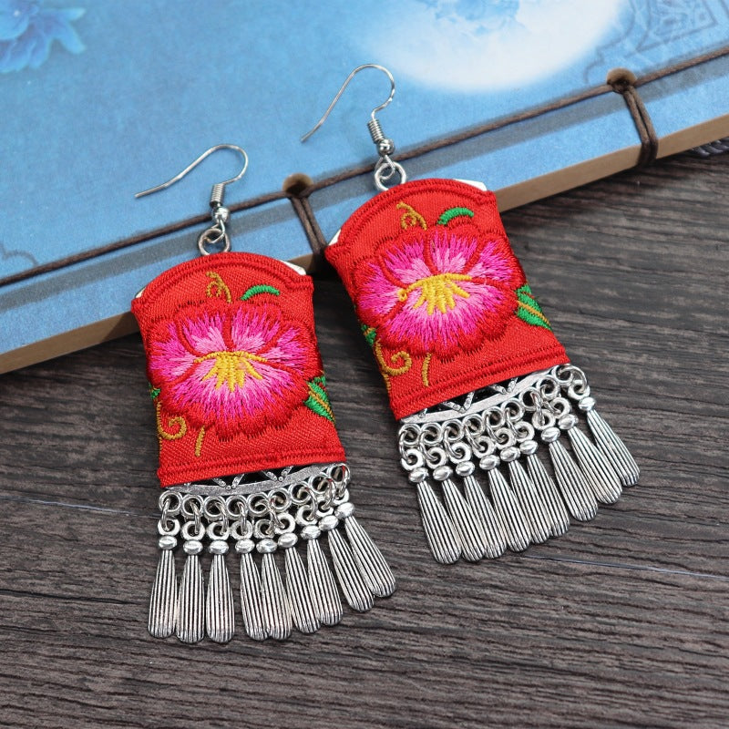 Women's Retro Ethnic Style Handmade Embroidered Fabric Long Flower Earrings