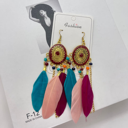 Bead Feather Chain Tassel Long Bohemian Earrings