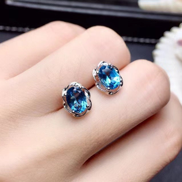 Women's Simple Fresh Simulation Red Garnet Sea Blue Topaz Colored Earrings