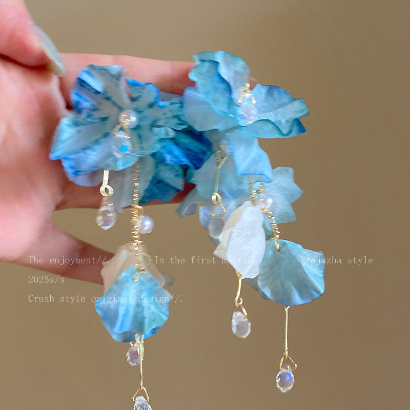 Women's Blue Flower Exaggerating Tassel Super Fairy Rings