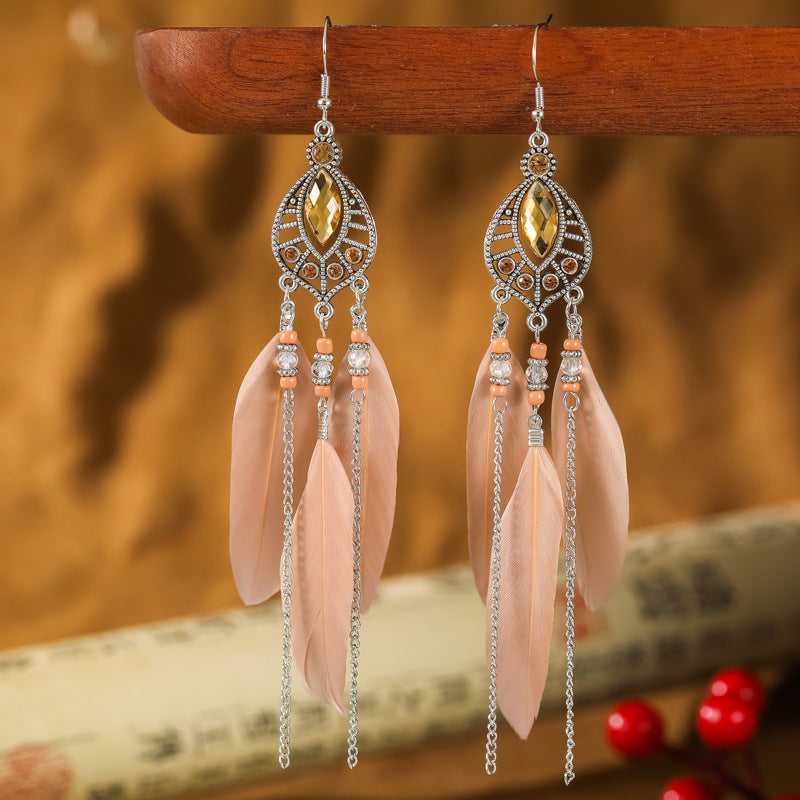 Feather Vintage Spot Drill Chain Small Earrings