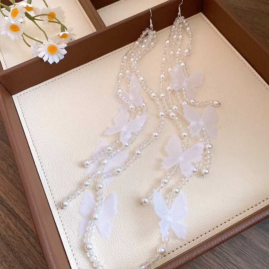 Women's Stringed Pearls Chiffon Butterfly Tassel Fresh Sweet Niche Earrings
