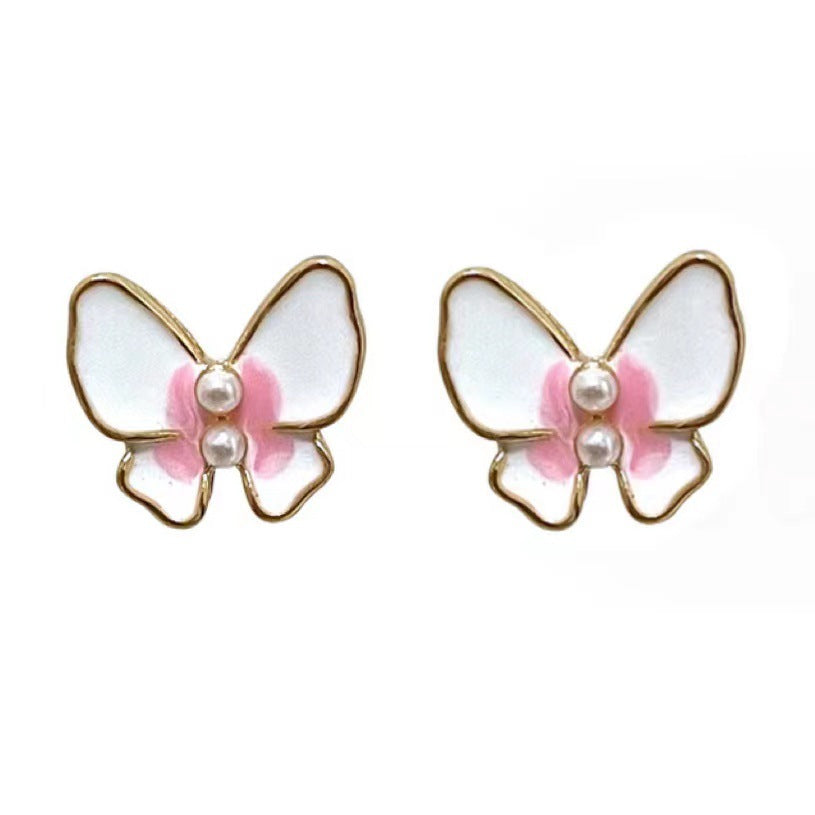 Cute Compact Butterfly Female Fashion Drop Oil Design Pearl Ear Earrings