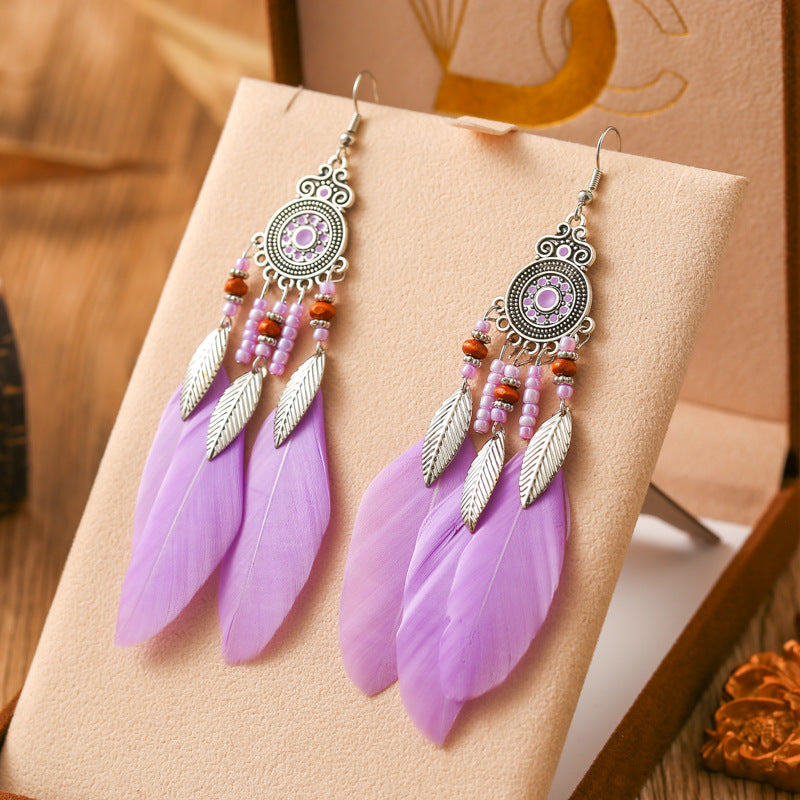 Feather Round Drop Oil Craft Retro Ethnic Earrings